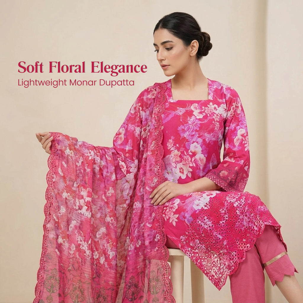 Rose Pink Floral Lawn Unstitched 3 Piece Suit - Summer Collection