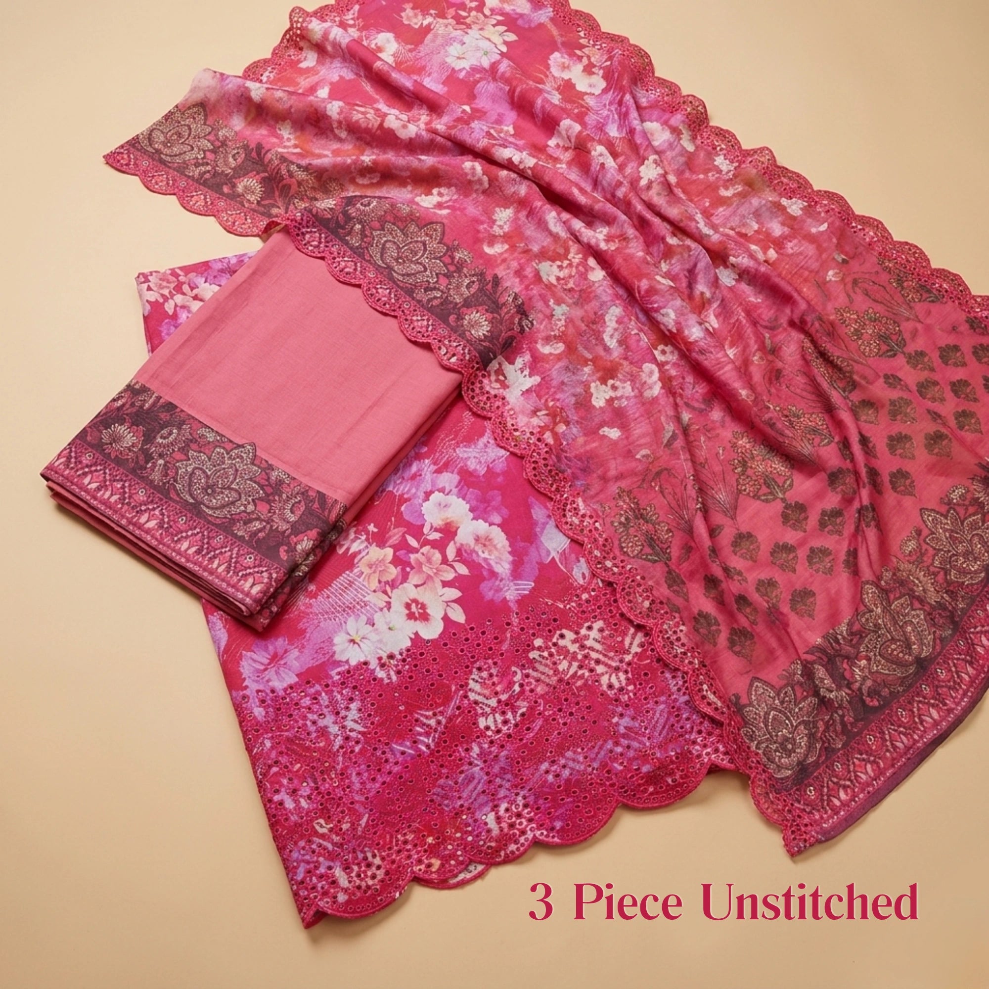 Rose Pink Floral Lawn Unstitched 3 Piece Suit - Summer Collection
