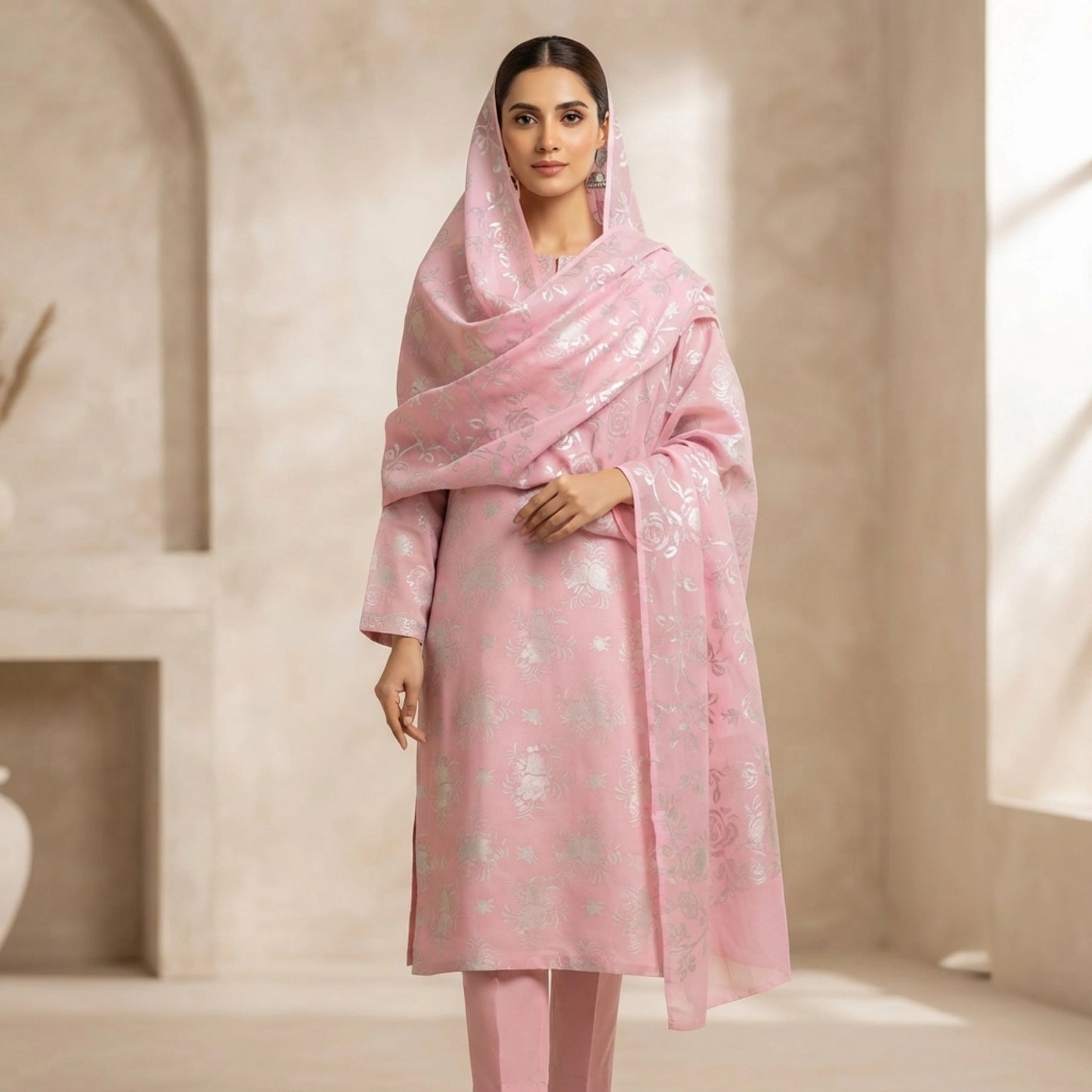 Blush Pink Floral Ambose Silk 3 Piece Unstitched Suit