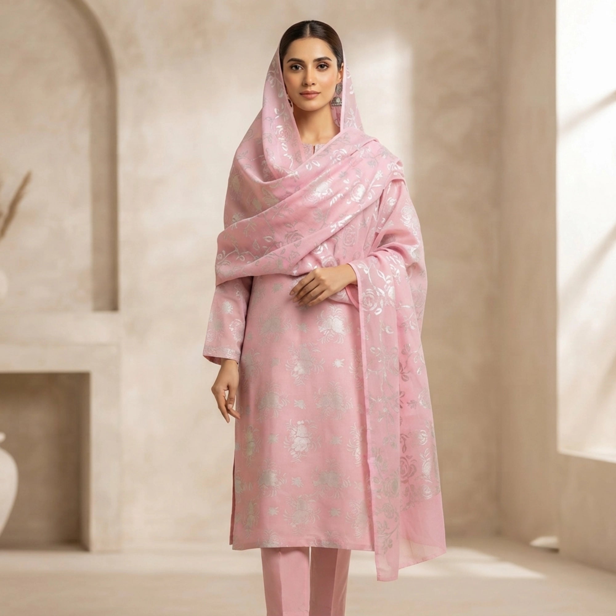 Blush Pink Floral Ambose Silk 3 Piece Unstitched Suit