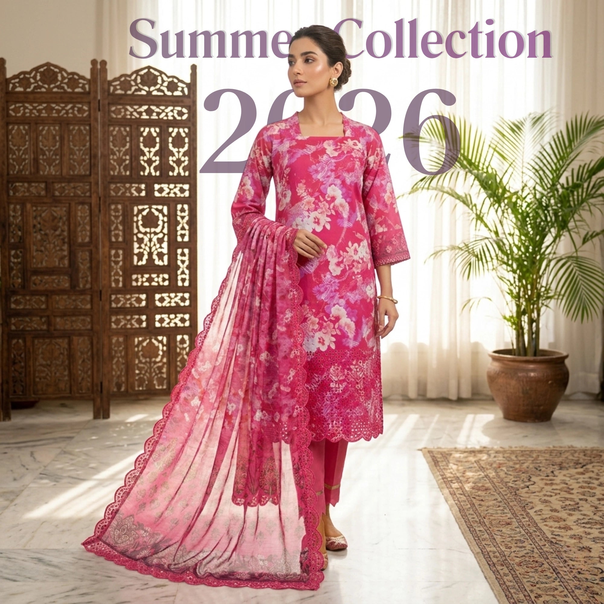 Rose Pink Floral Lawn Unstitched 3 Piece Suit - Summer Collection
