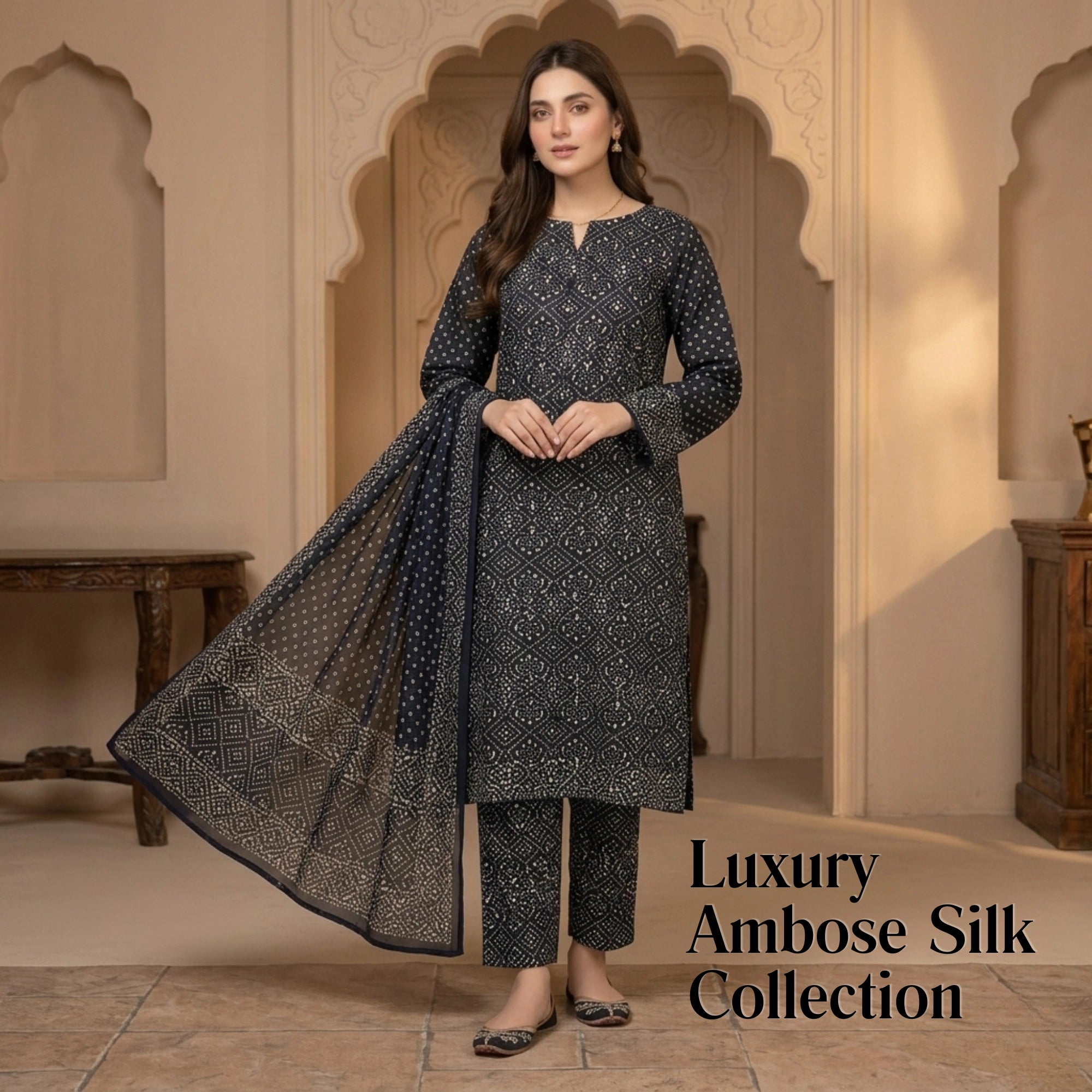 Black Ambose Silk 3 Piece Unstitched Suit - Insaf Fabrics