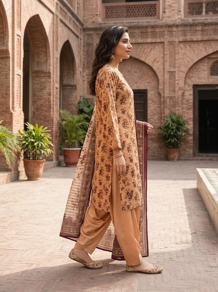 Peach Floral Barosha Silk 3-Piece Unstitched Suit | Sale