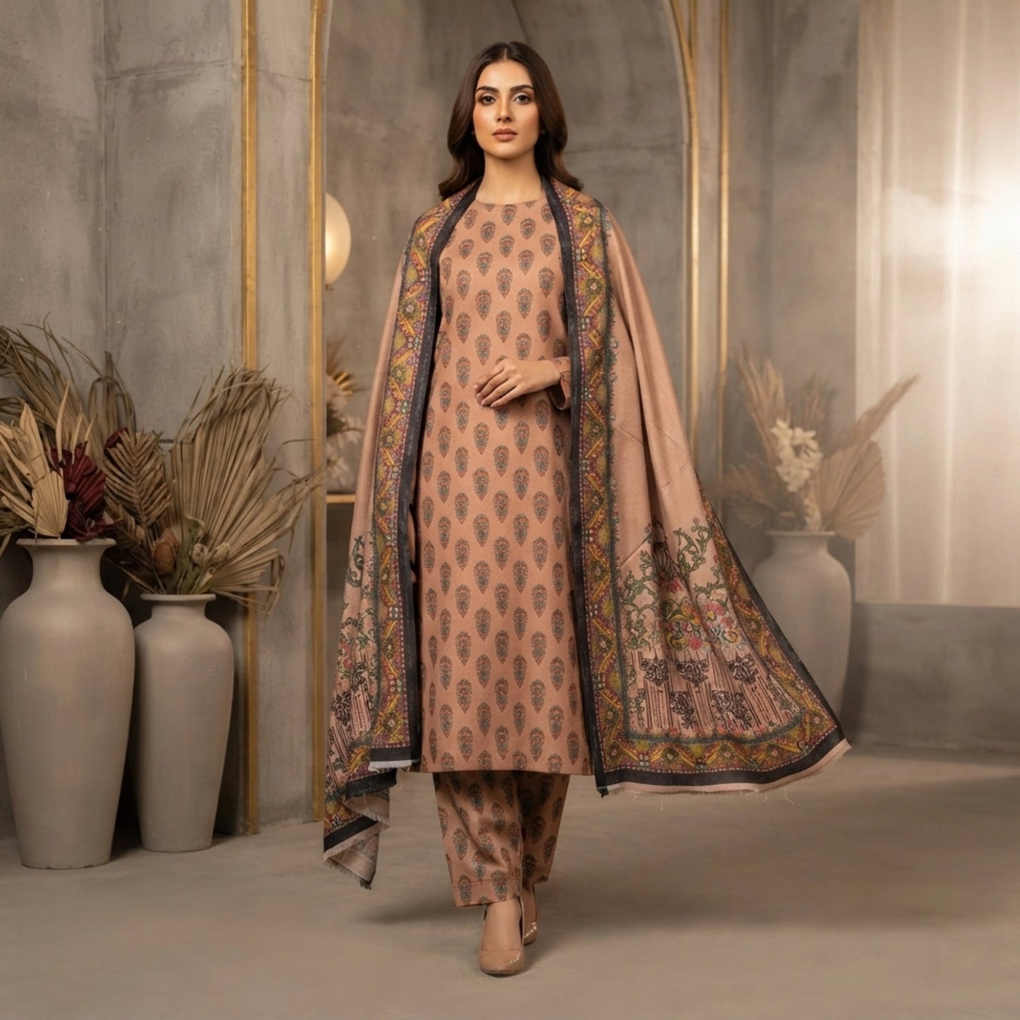 Beige Paisley Printed Marina 3 Piece Unstitched Suit