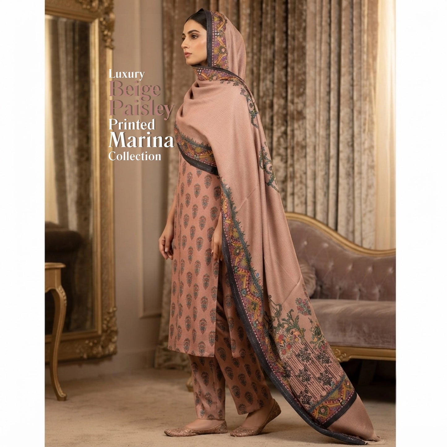 Beige Paisley Printed Marina 3 Piece Unstitched Suit