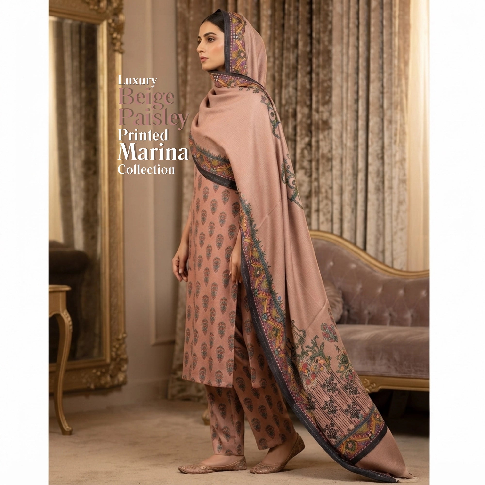 Beige Paisley Printed Marina 3 Piece Unstitched Suit