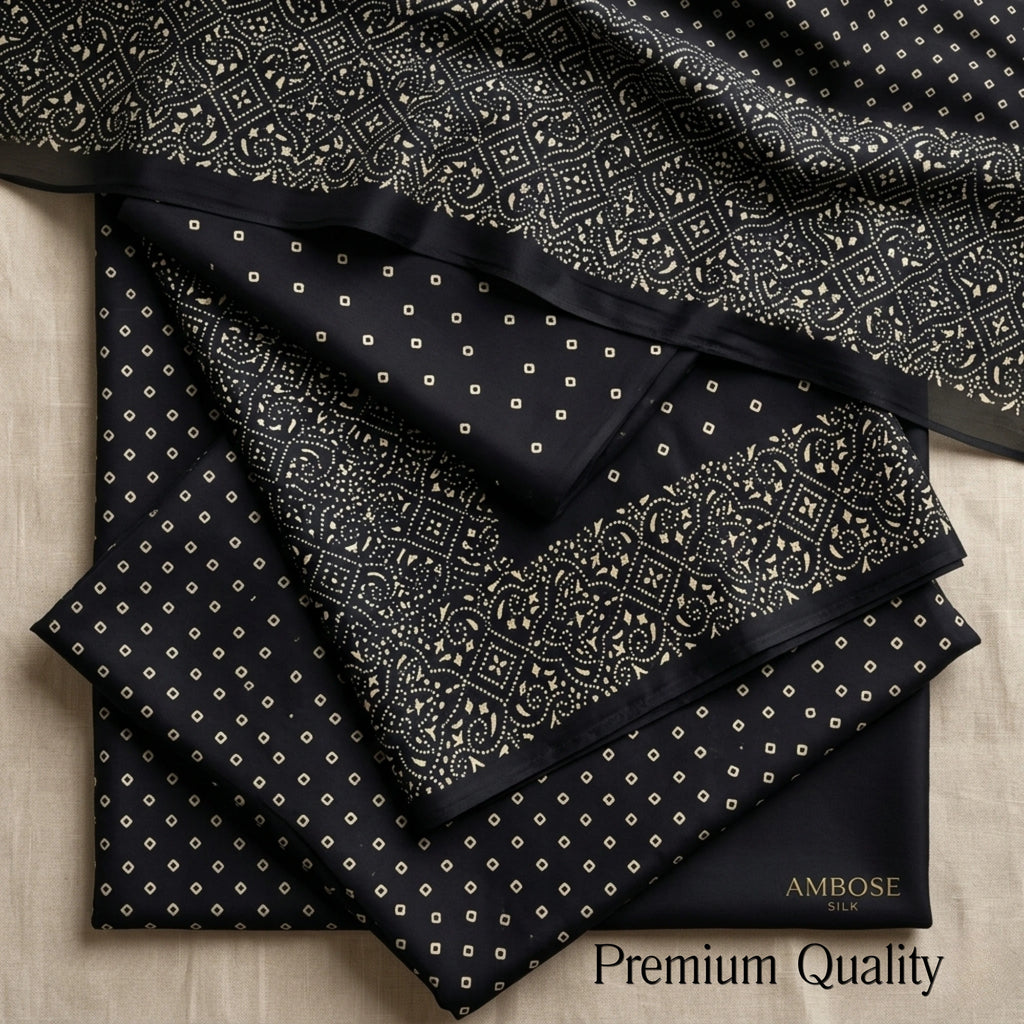 Black Ambose Silk 3 Piece Unstitched Suit - Insaf Fabrics