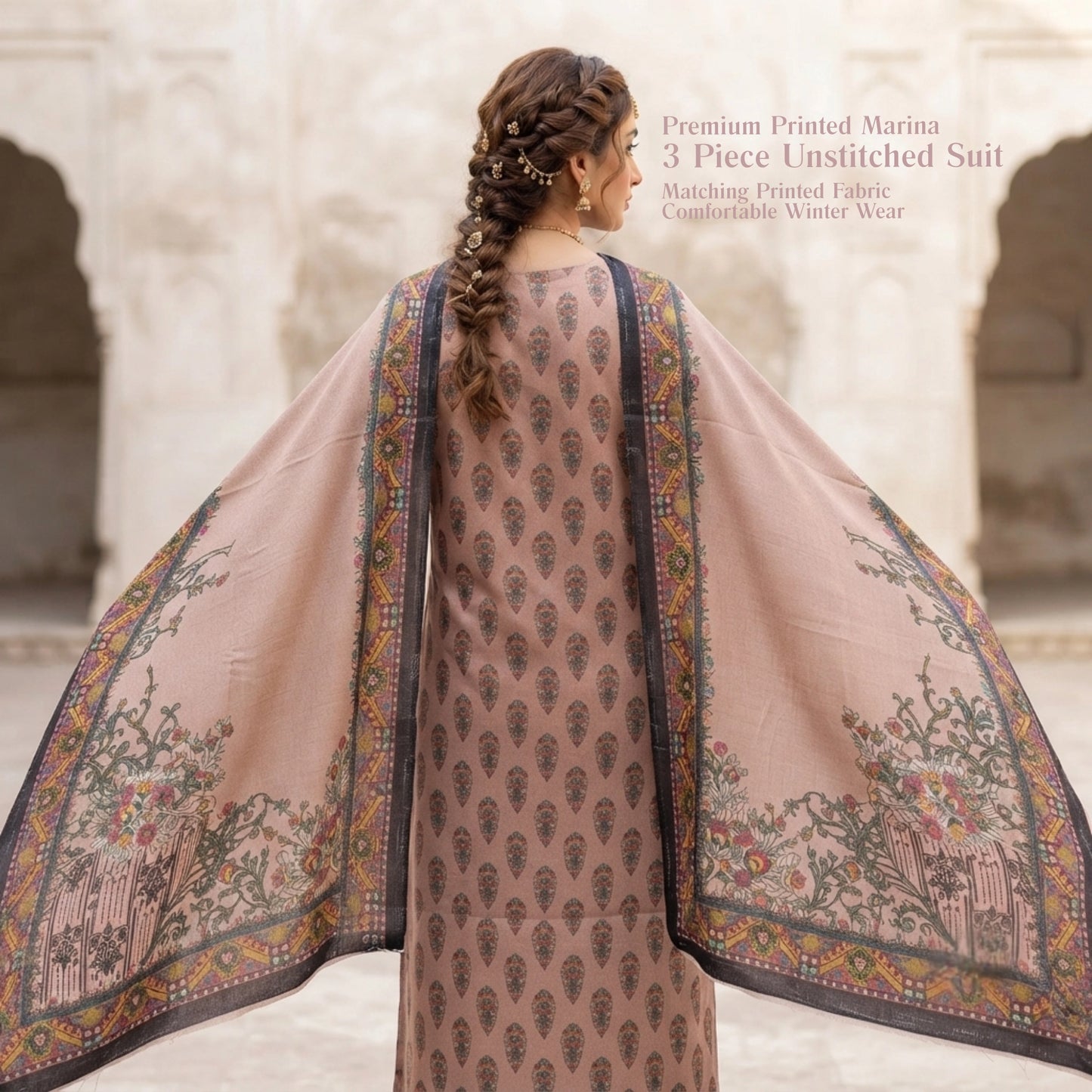 Beige Paisley Printed Marina 3 Piece Unstitched Suit