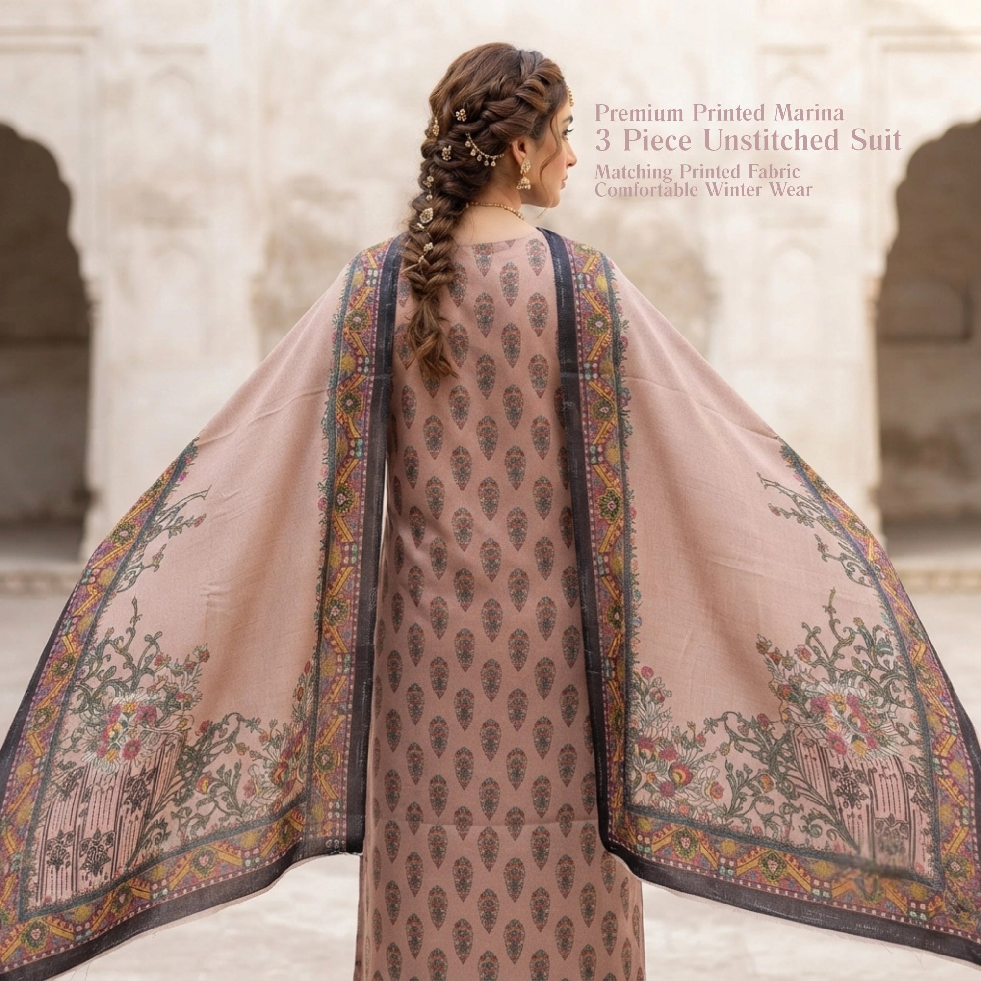Beige Paisley Printed Marina 3 Piece Unstitched Suit