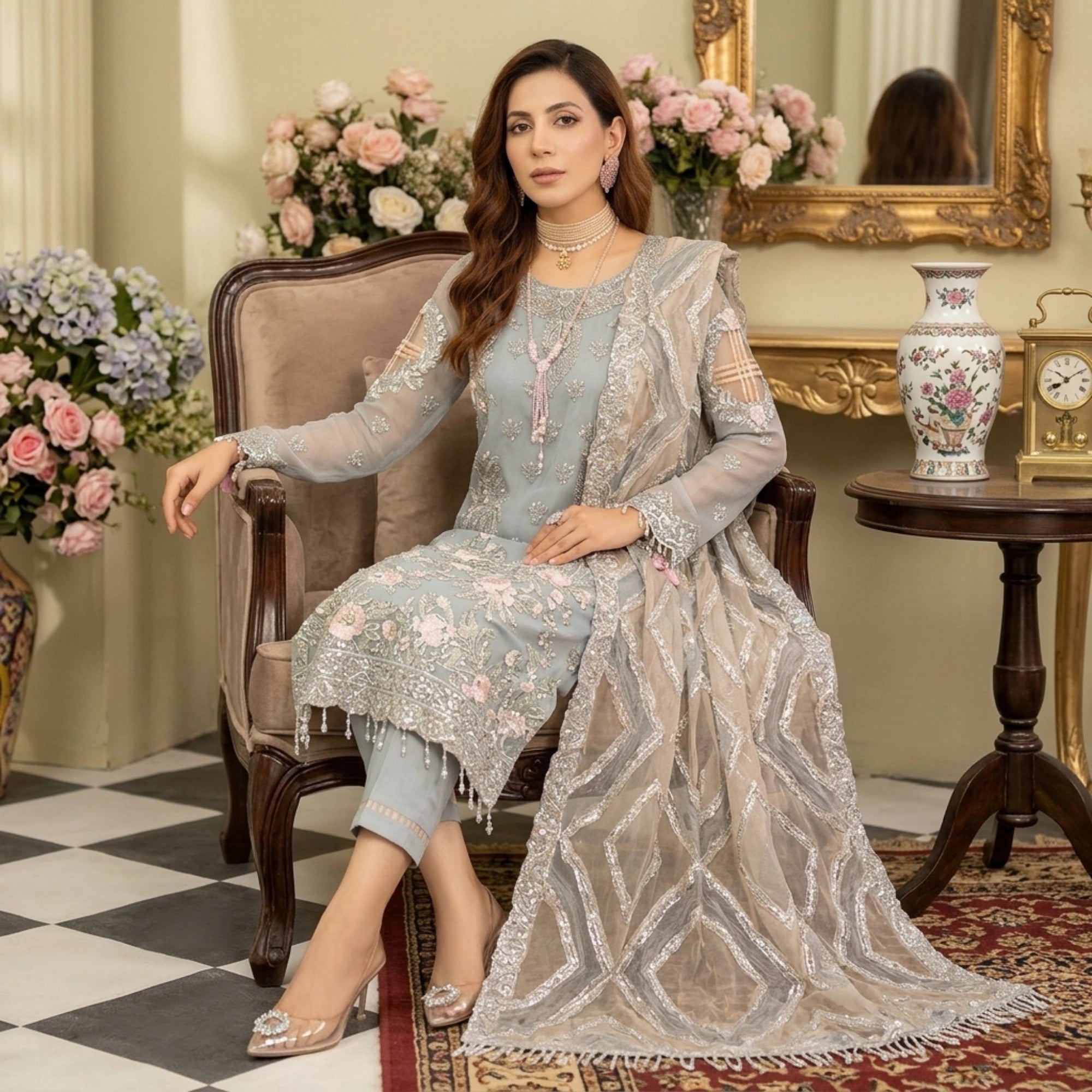 Pastel Grey Chiffon 3 Piece Unstitched Suit - Insaf Fabrics