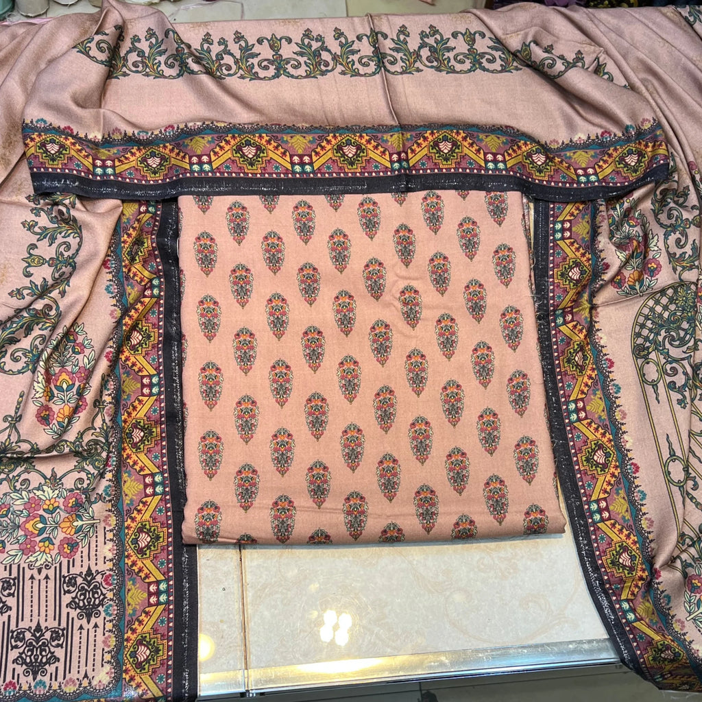 Beige Paisley Printed Marina 3 Piece Unstitched Suit