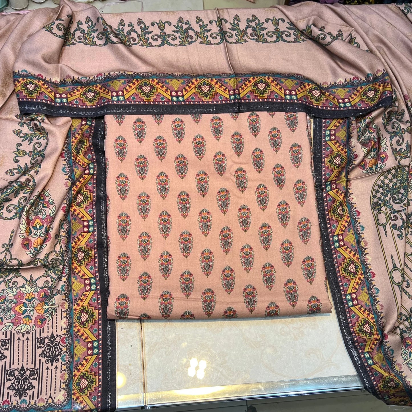 Beige Paisley Printed Marina 3 Piece Unstitched Suit