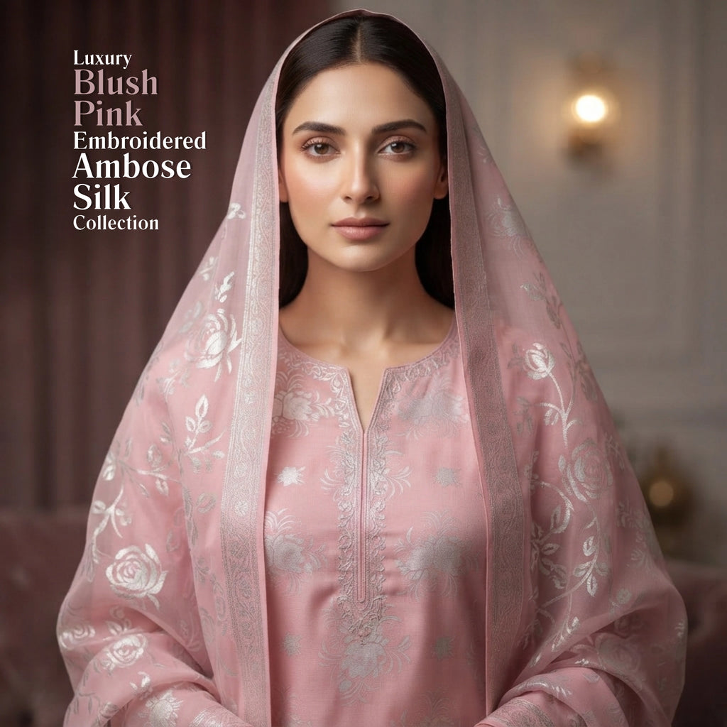 Blush Pink Floral Ambose Silk 3 Piece Unstitched Suit