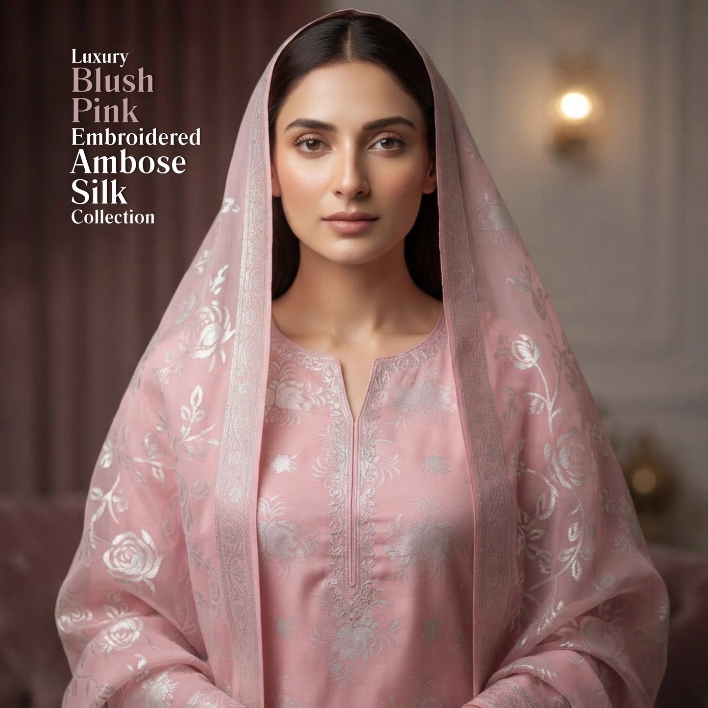 Blush Pink Floral Ambose Silk 3 Piece Unstitched Suit