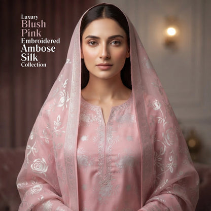 Blush Pink Floral Ambose Silk 3 Piece Unstitched Suit