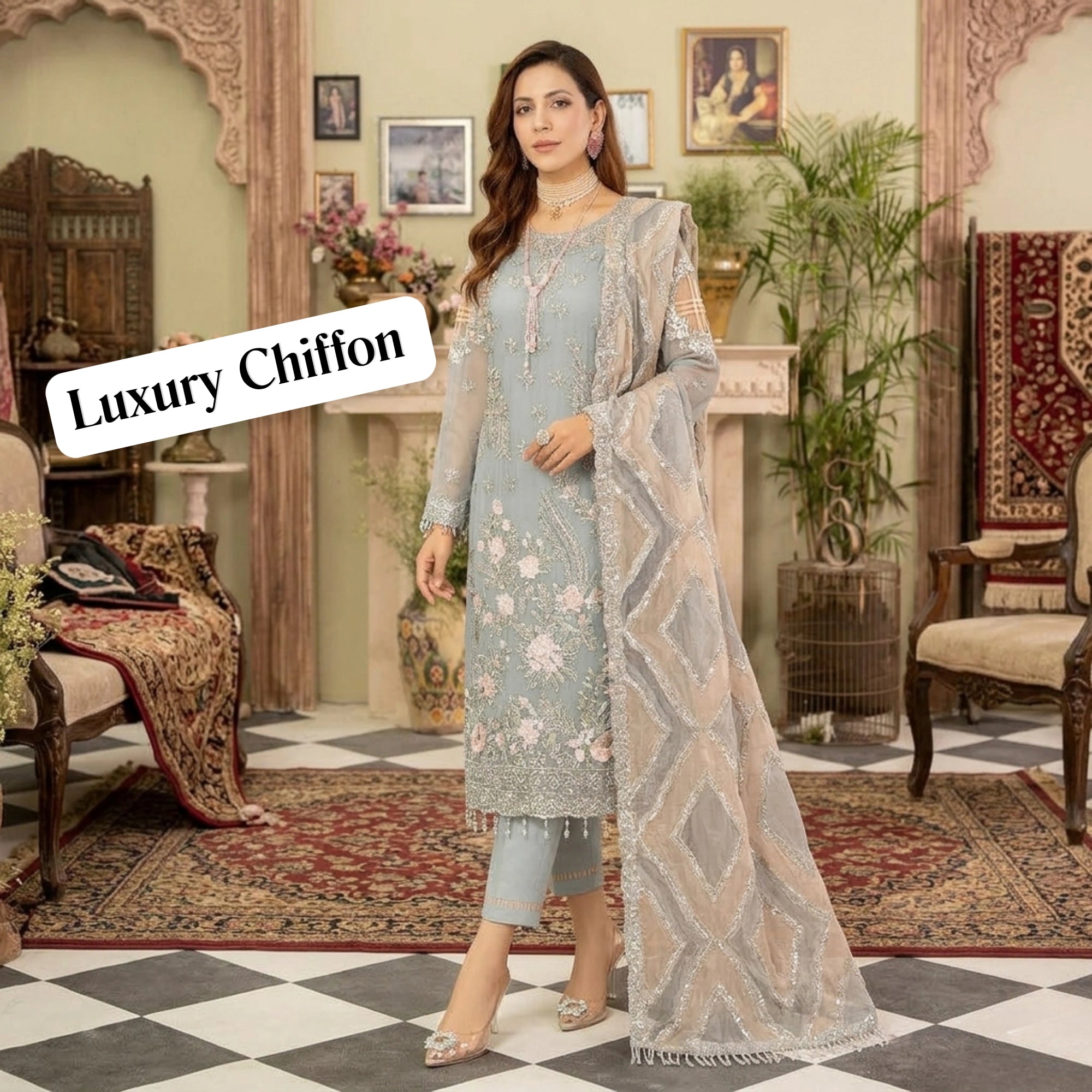 Pastel Grey Chiffon 3 Piece Unstitched Suit - Insaf Fabrics