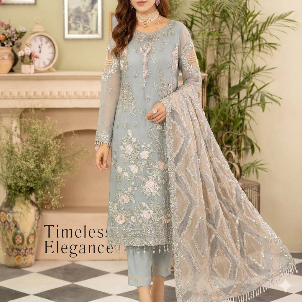 Pastel Grey Chiffon 3 Piece Unstitched Suit - Insaf Fabrics