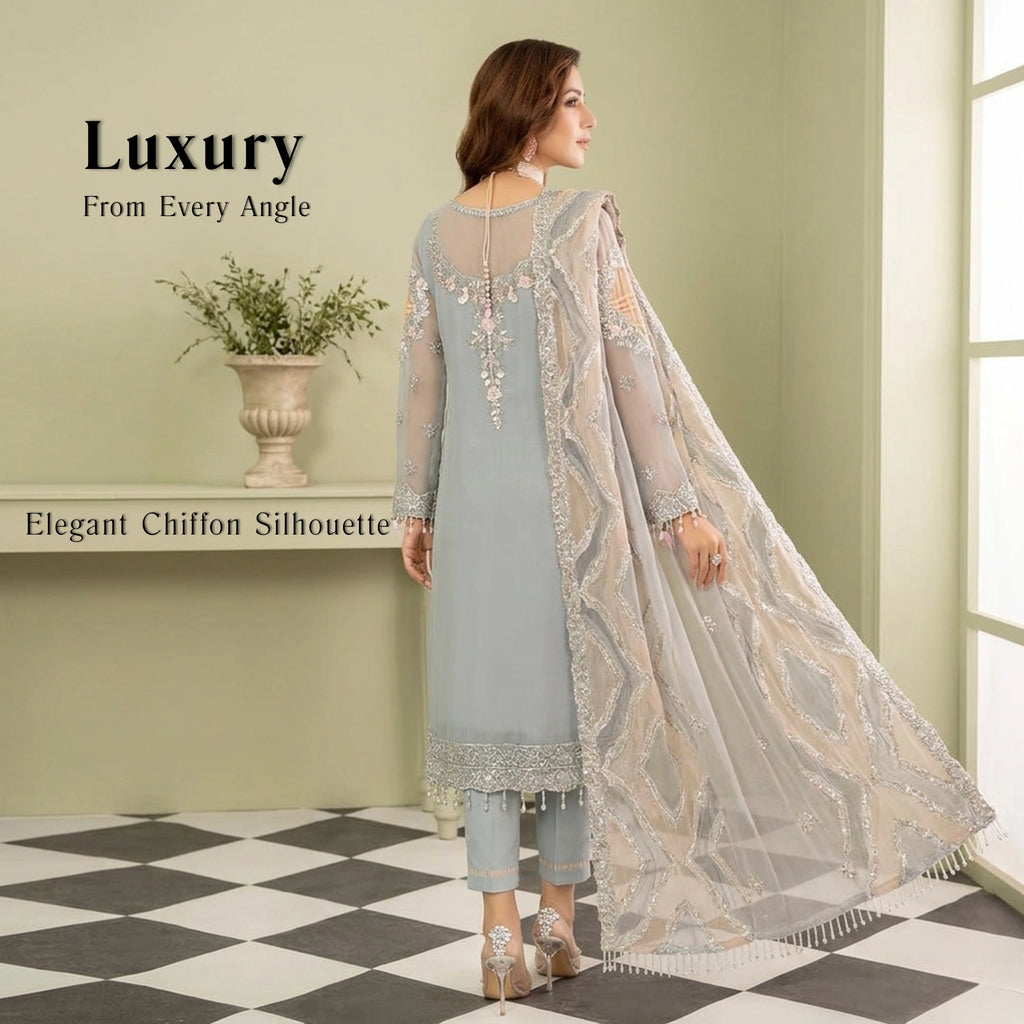 Pastel Grey Chiffon 3 Piece Unstitched Suit - Insaf Fabrics