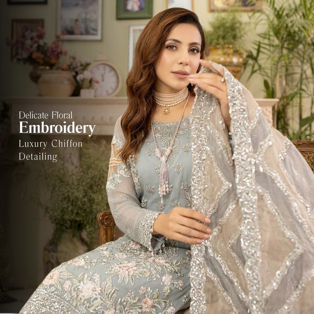 Pastel Grey Chiffon 3 Piece Unstitched Suit - Insaf Fabrics