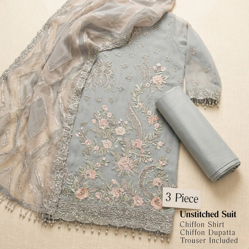 Pastel Grey Chiffon 3 Piece Unstitched Suit - Insaf Fabrics