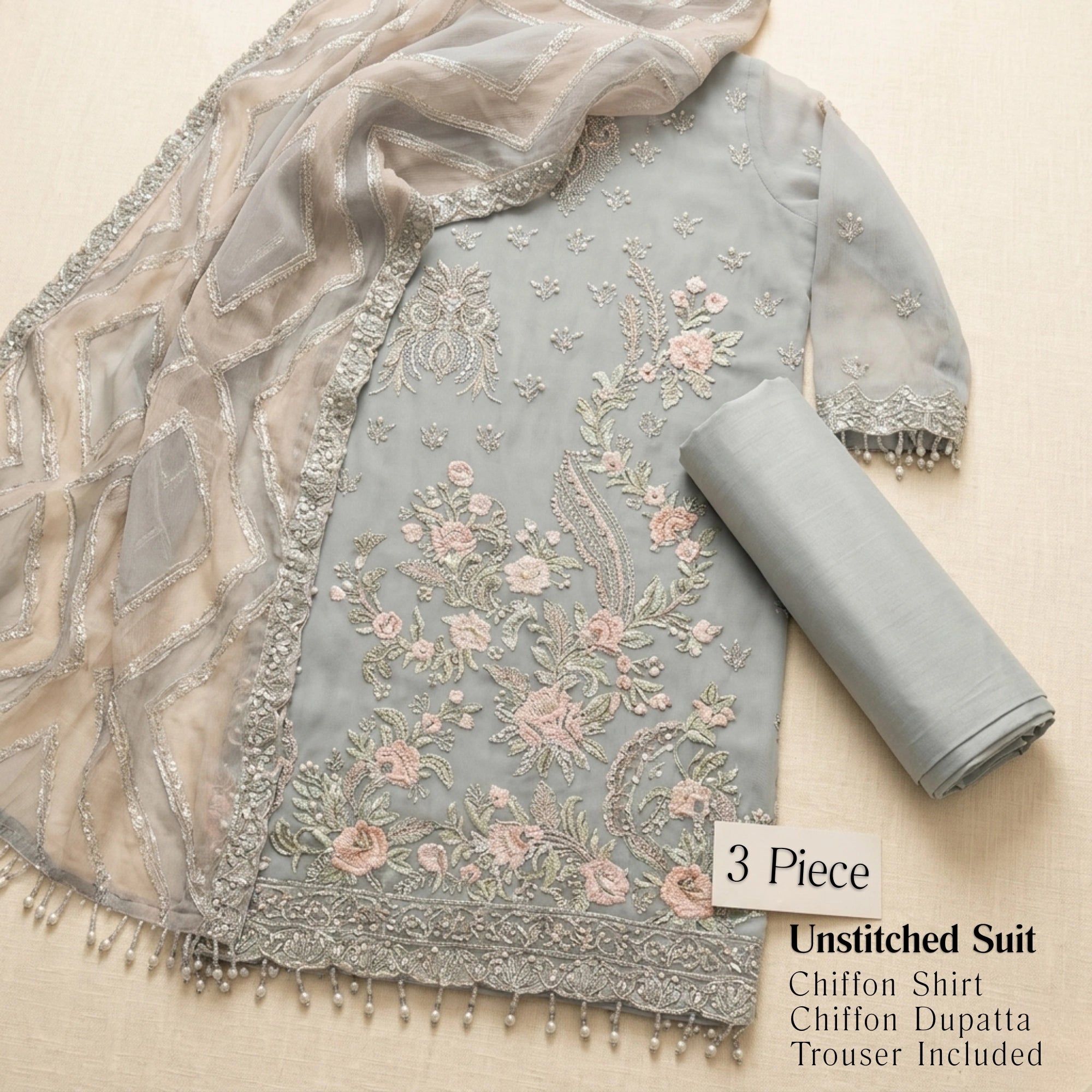 Pastel Grey Chiffon 3 Piece Unstitched Suit - Insaf Fabrics