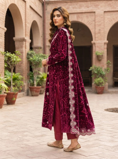 Deep Magenta Embroidered 3 Piece Unstitched Suit | Luxury Formal Wear