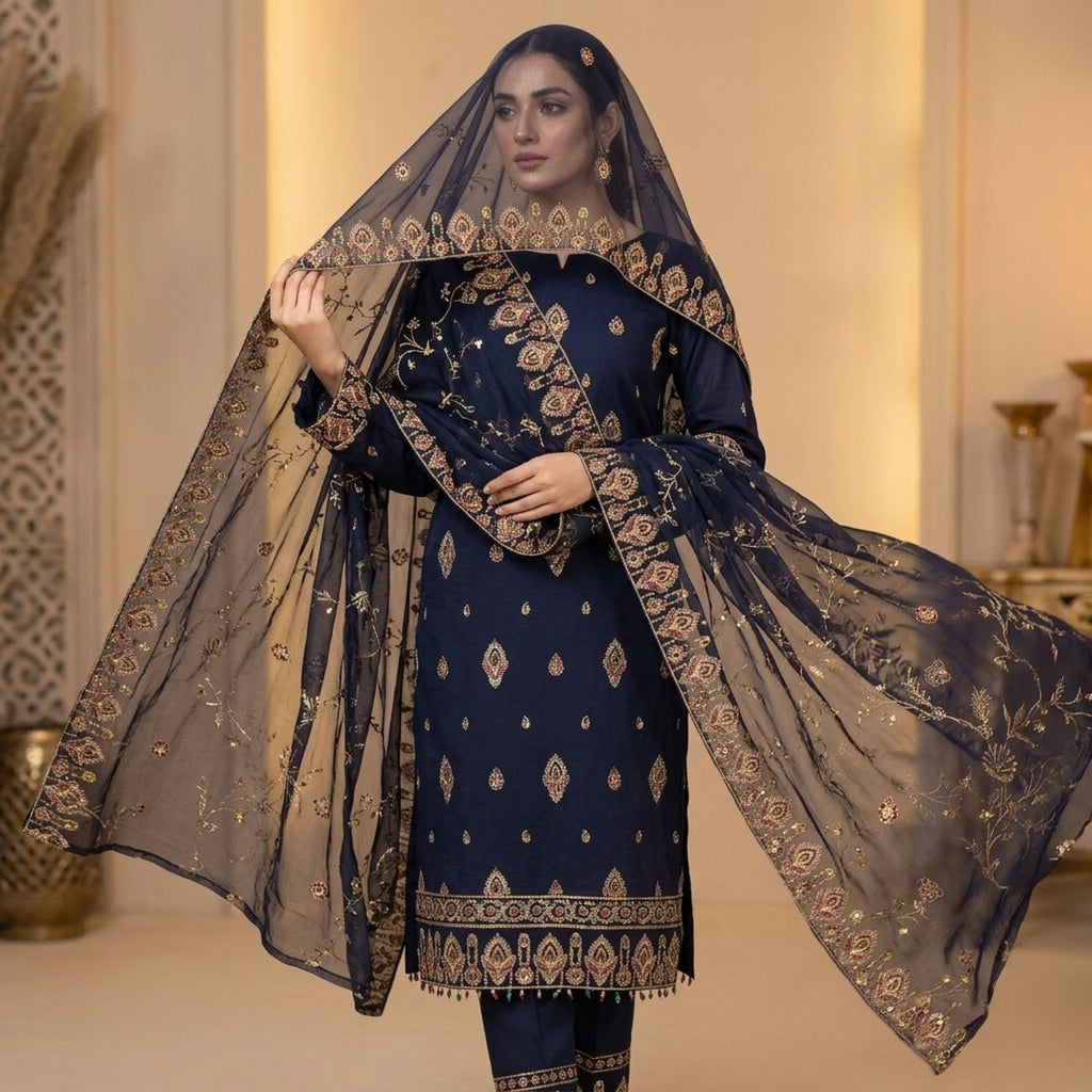 Midnight Blue 3 Piece Unstitched Lawn Chiffon Suit