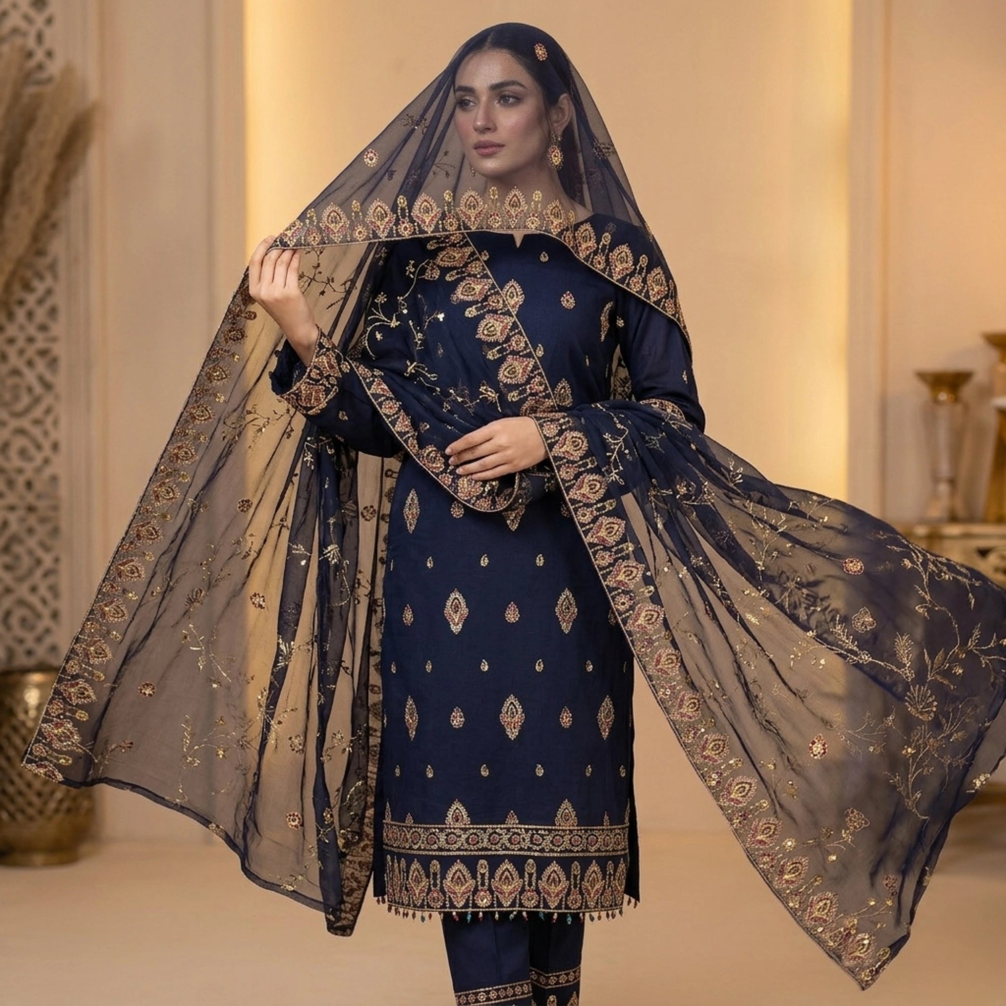 Midnight Blue 3 Piece Unstitched Lawn Chiffon Suit