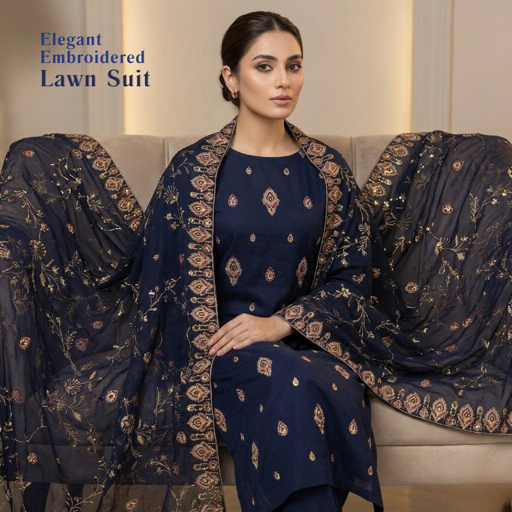 Midnight Blue 3 Piece Unstitched Lawn Chiffon Suit