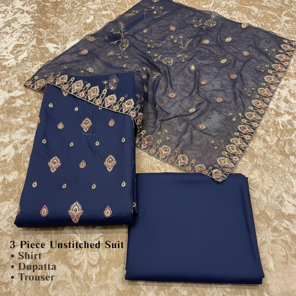 Midnight Blue 3 Piece Unstitched Lawn Chiffon Suit
