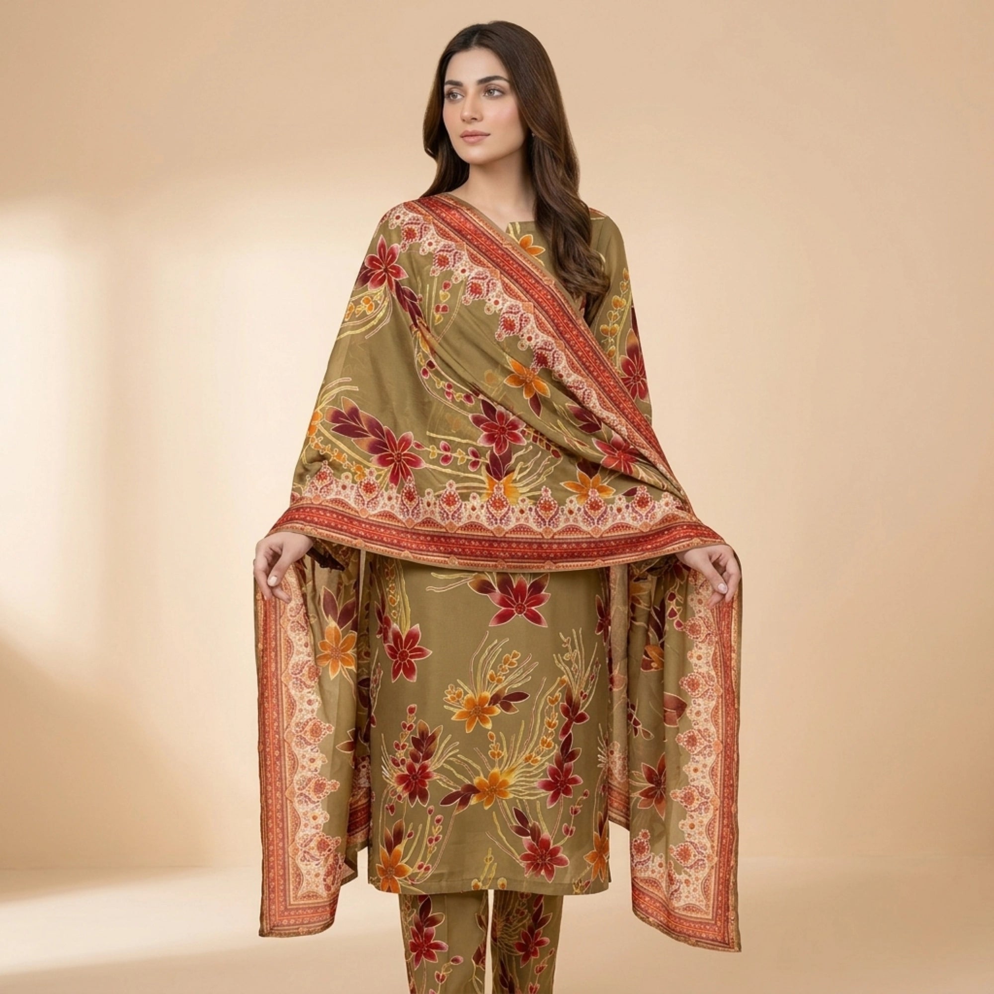 Olive Beige Floral Barosha Silk 3 Piece Unstitched Suit