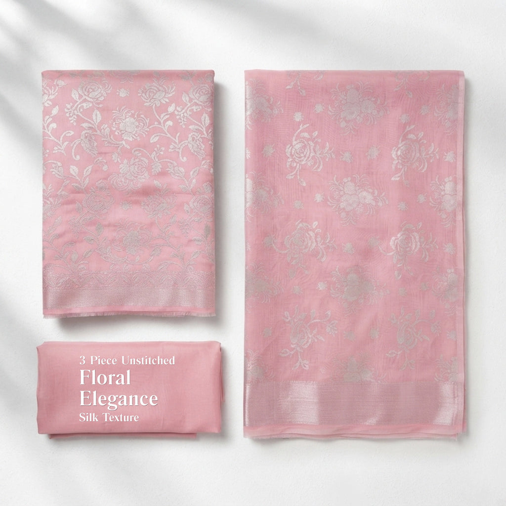 Blush Pink Floral Ambose Silk 3 Piece Unstitched Suit