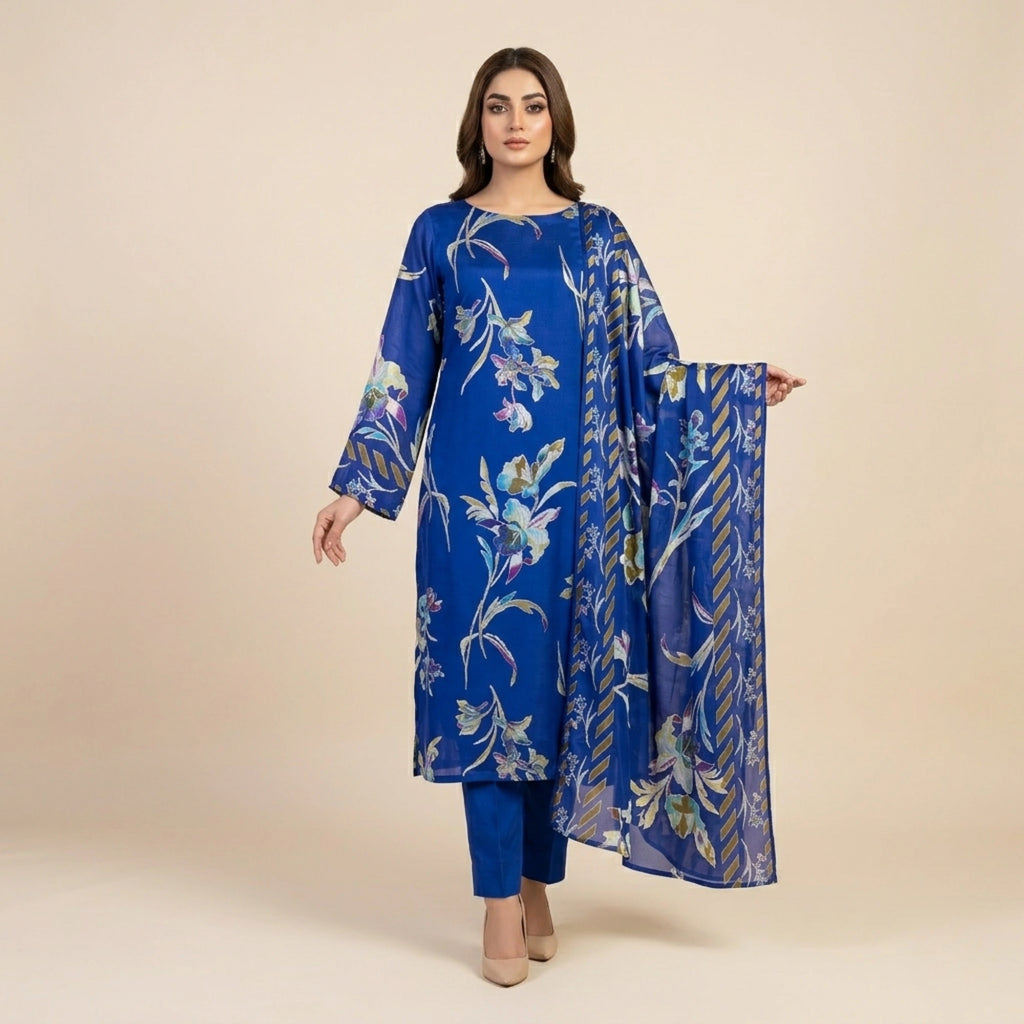 Royal Blue Barosha Silk 3 Piece Unstitched Suit | Insaf Fabrics
