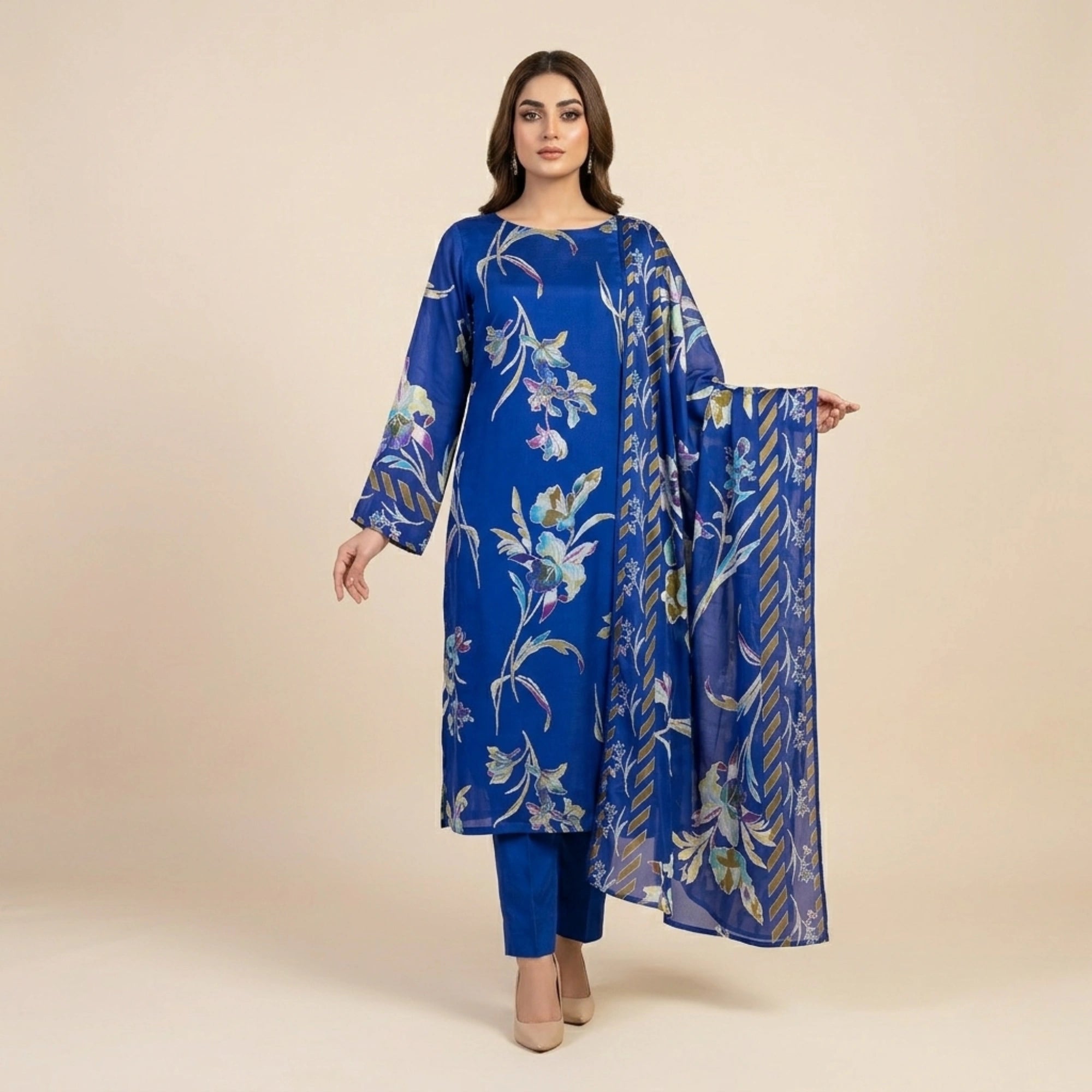 Royal Blue Barosha Silk 3 Piece Unstitched Suit | Insaf Fabrics