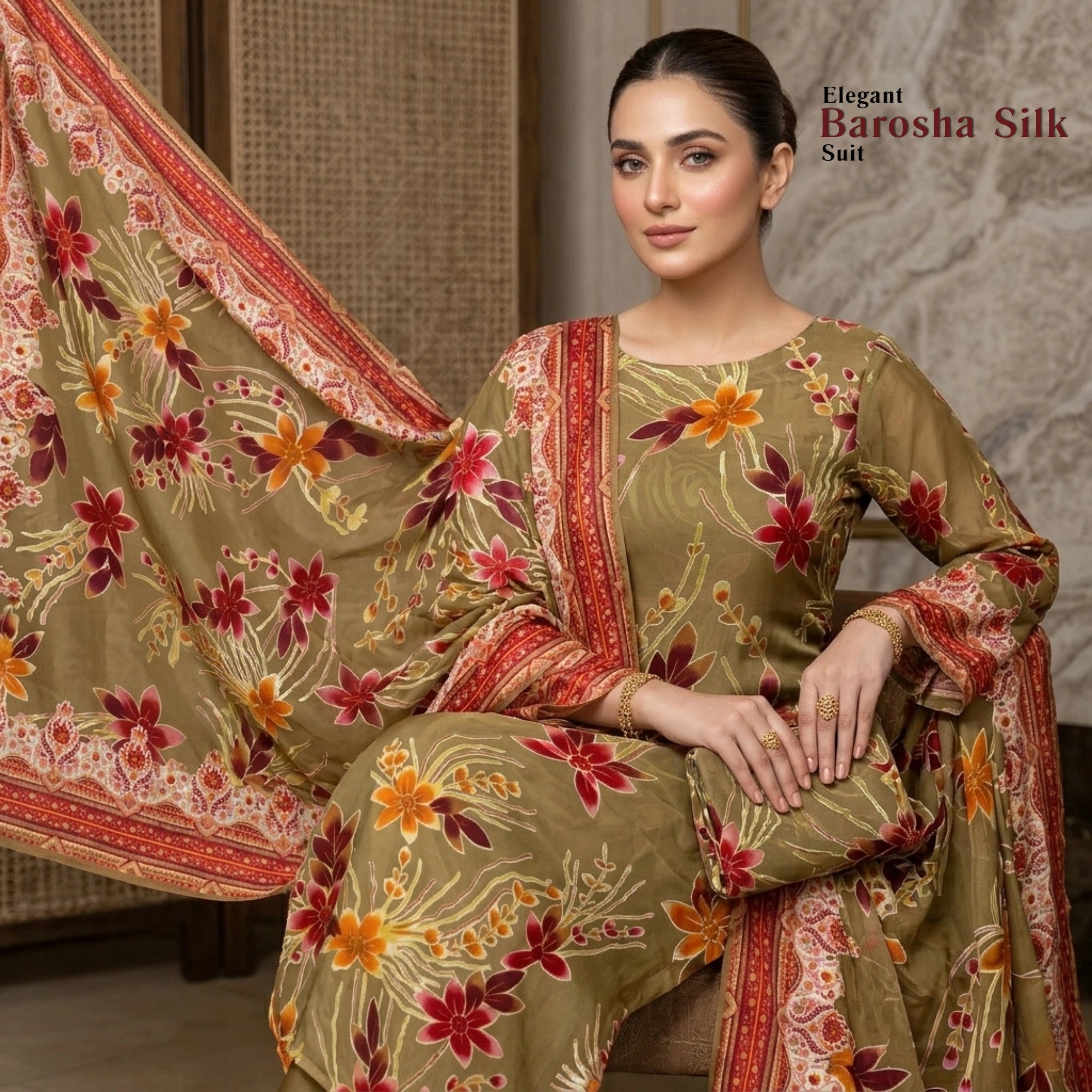 Olive Beige Floral Barosha Silk 3 Piece Unstitched Suit