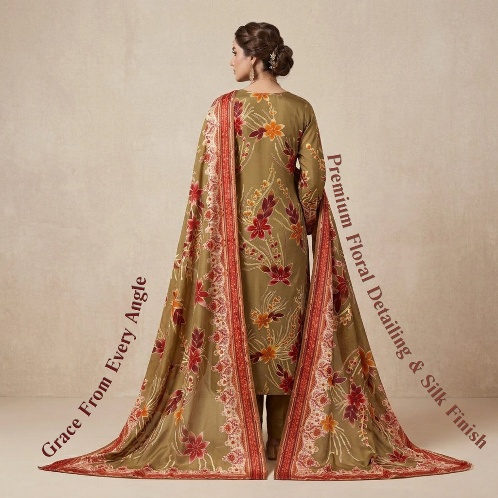 Olive Beige Floral Barosha Silk 3 Piece Unstitched Suit