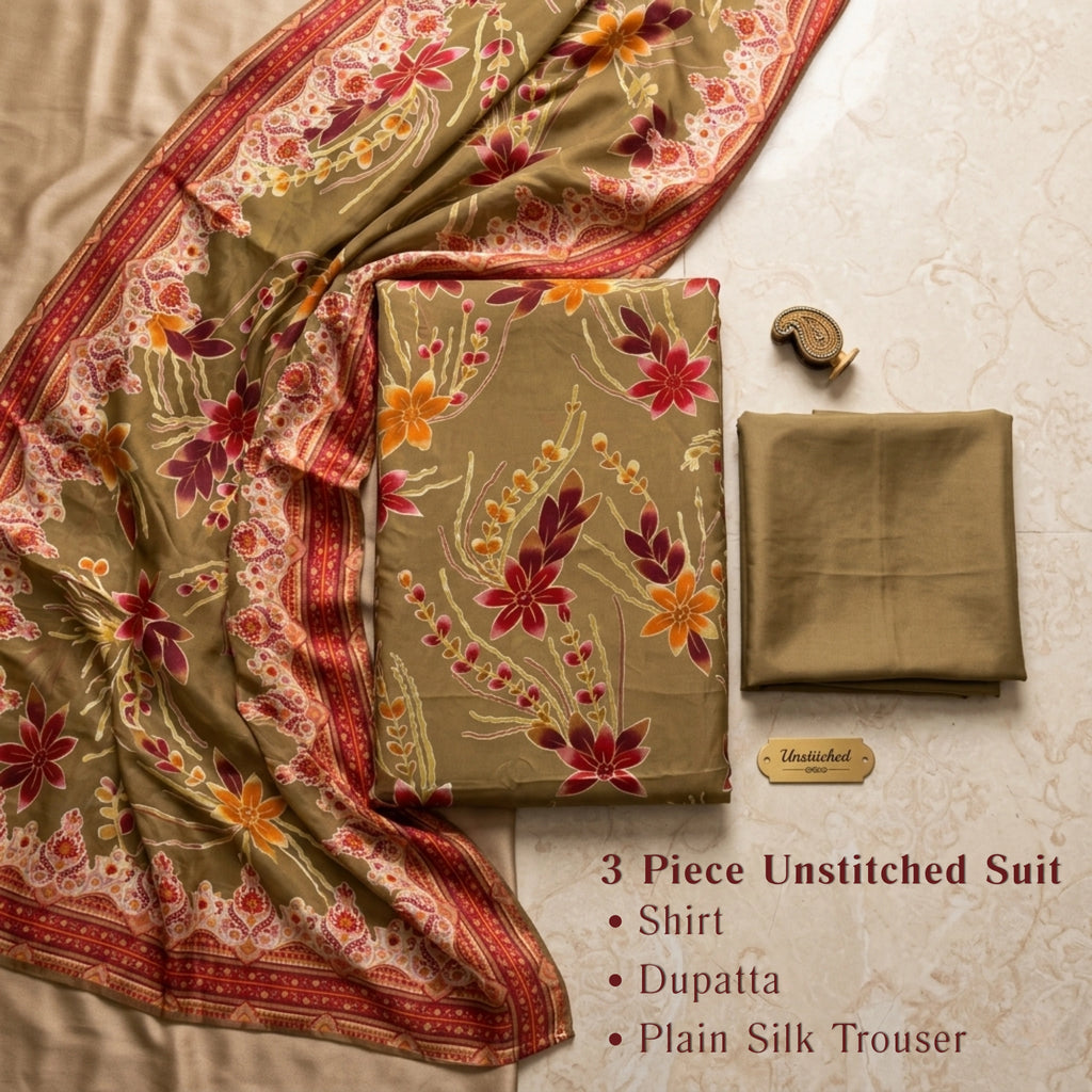 Olive Beige Floral Barosha Silk 3 Piece Unstitched Suit