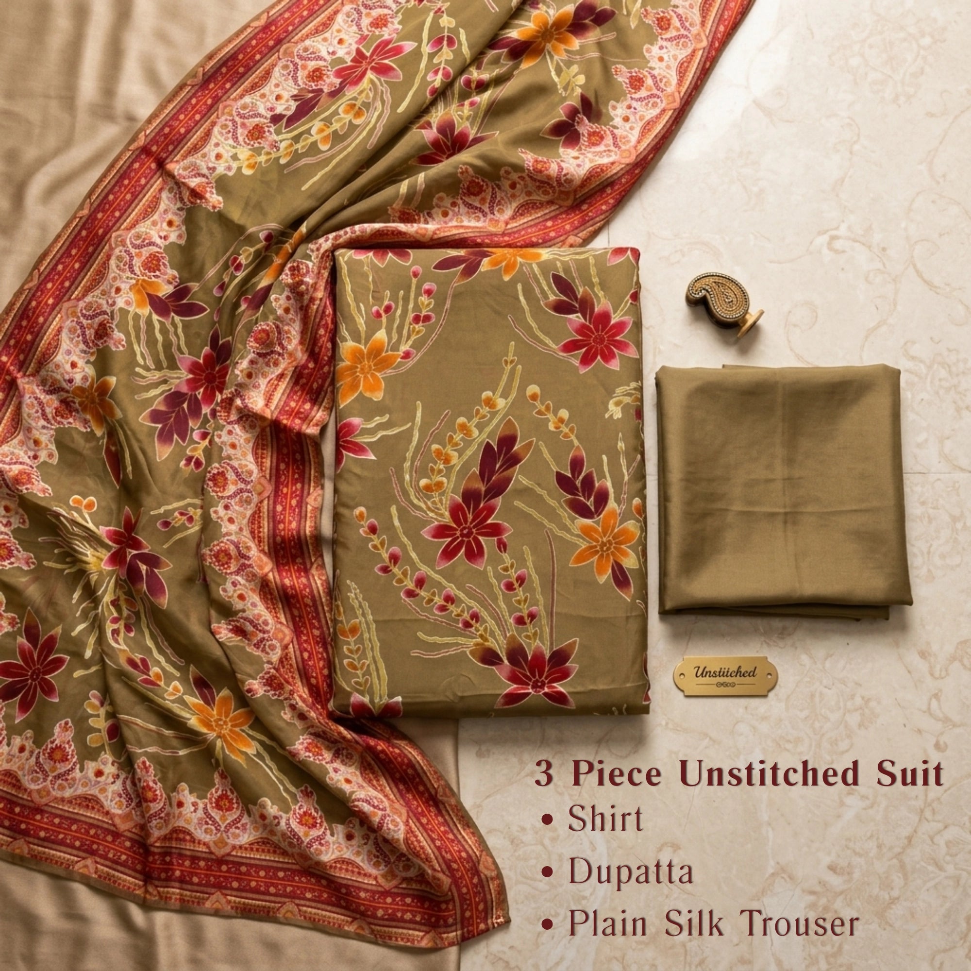 Olive Beige Floral Barosha Silk 3 Piece Unstitched Suit