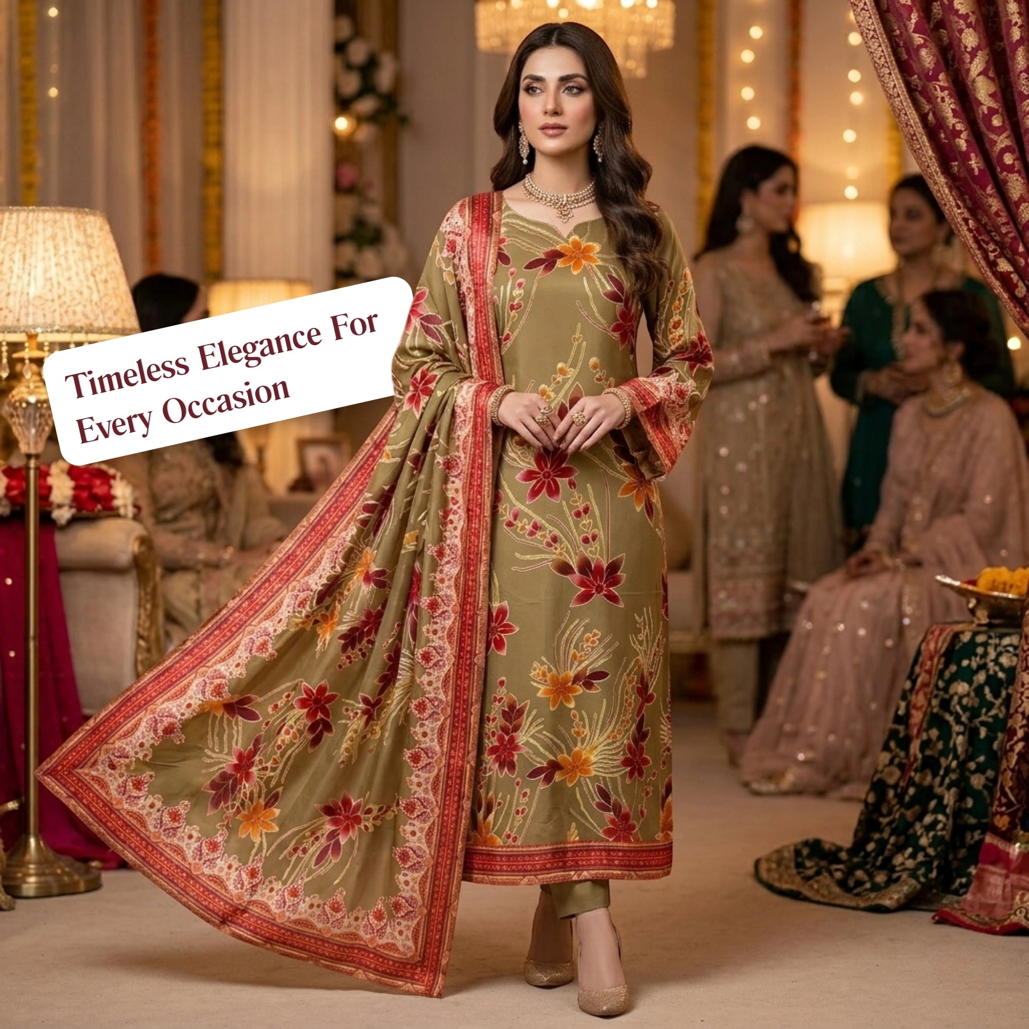 Olive Beige Floral Barosha Silk 3 Piece Unstitched Suit