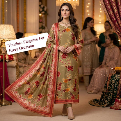 Olive Beige Floral Barosha Silk 3 Piece Unstitched Suit