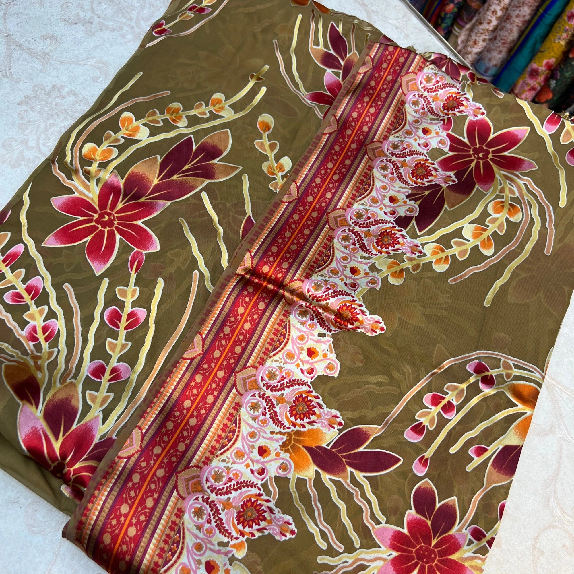 Olive Beige Floral Barosha Silk 3 Piece Unstitched Suit