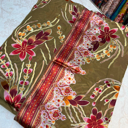 Olive Beige Floral Barosha Silk 3 Piece Unstitched Suit