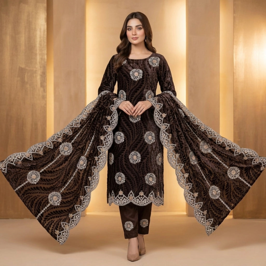 Chocolate Brown Embroidered Palachi 3 Piece Unstitched Suit