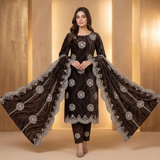 Chocolate Brown Embroidered Palachi 3 Piece Unstitched Suit