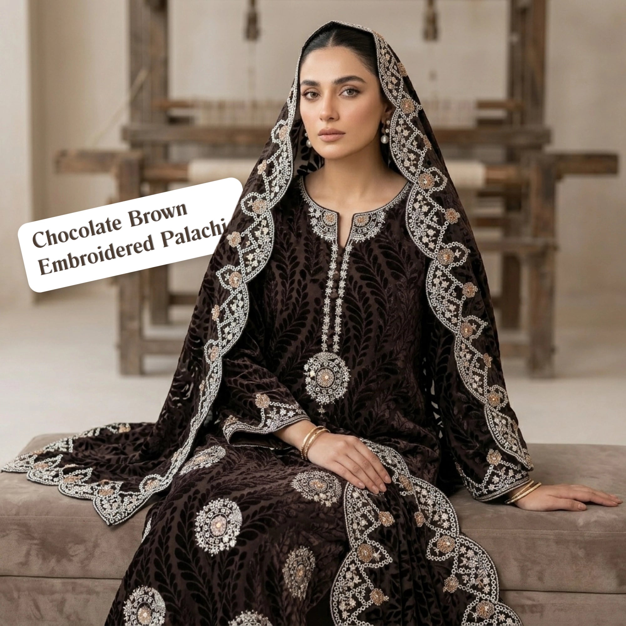 Chocolate Brown Embroidered Palachi 3 Piece Unstitched Suit