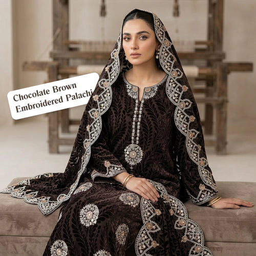 Chocolate Brown Embroidered Palachi 3 Piece Unstitched Suit