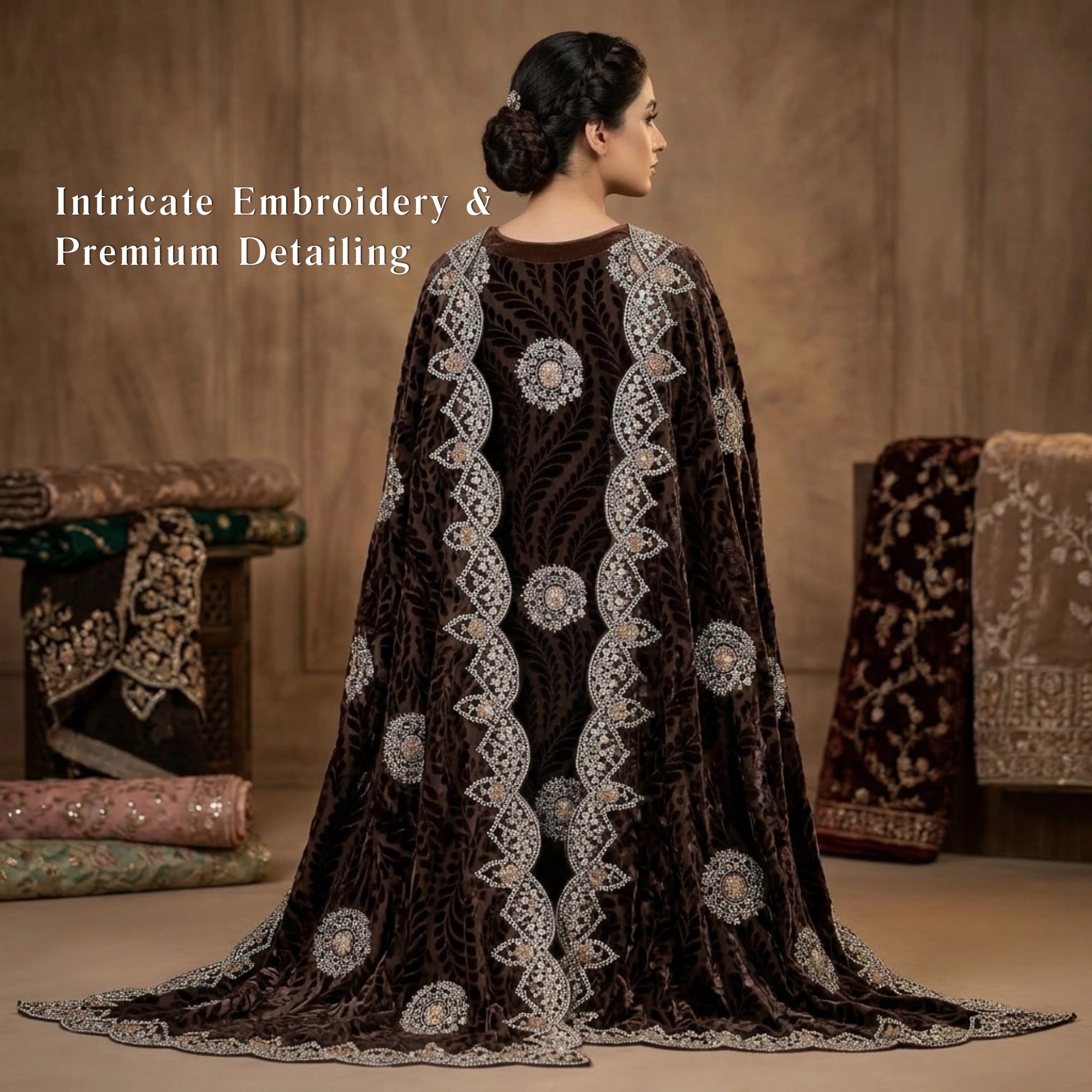 Chocolate Brown Embroidered Palachi 3 Piece Unstitched Suit