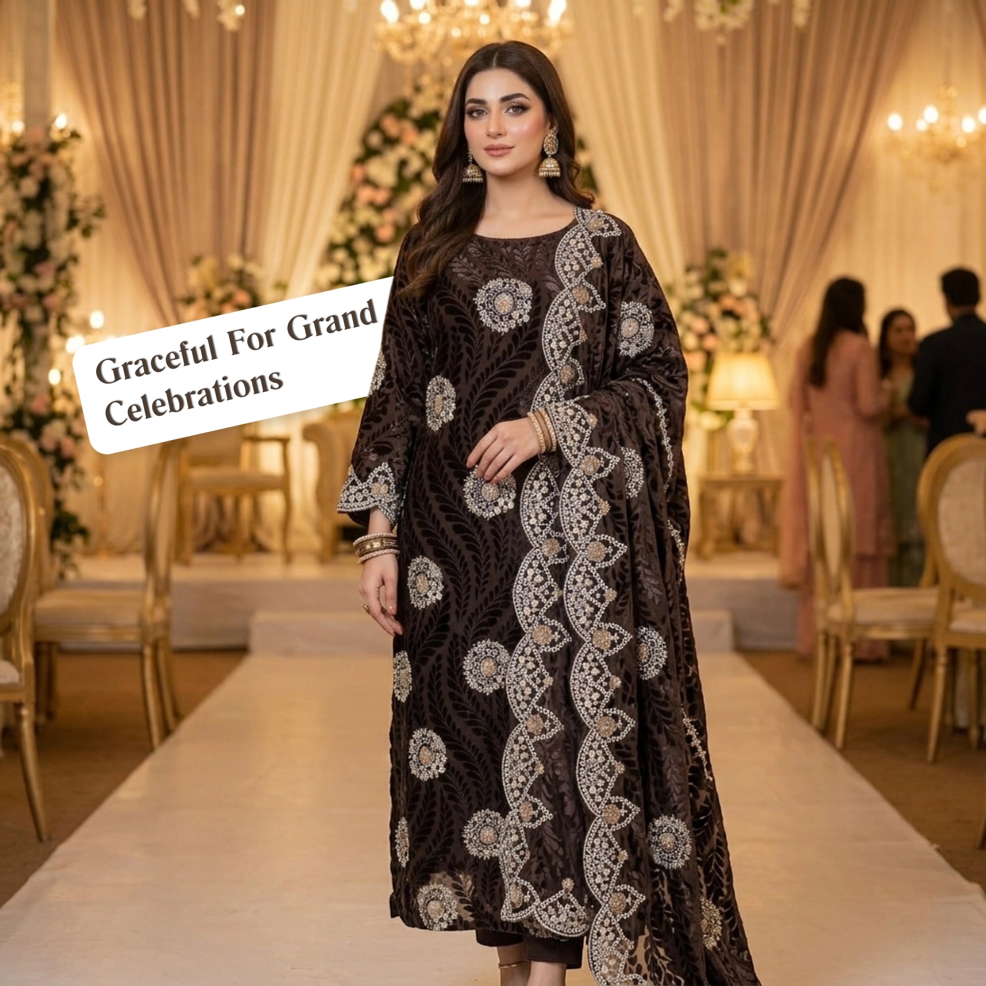 Chocolate Brown Embroidered Palachi 3 Piece Unstitched Suit