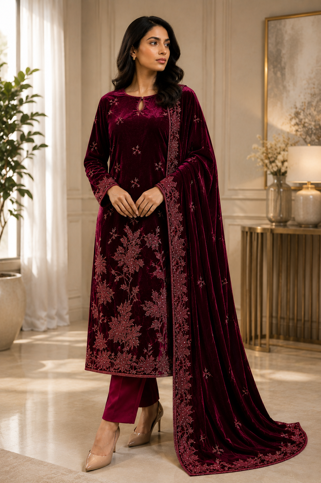Maroon Embroidered Velvet 3 Piece Unstitched Suit