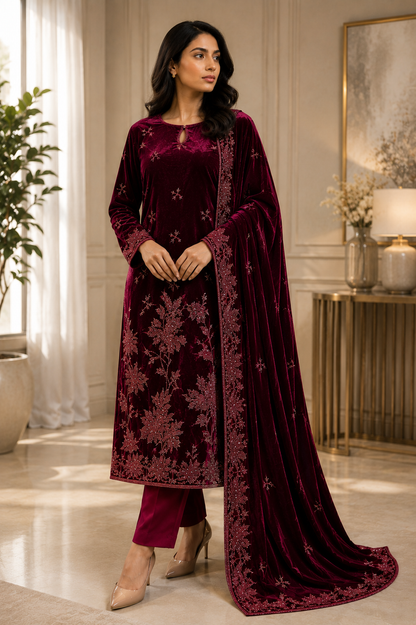 Maroon Embroidered Velvet 3 Piece Unstitched Suit